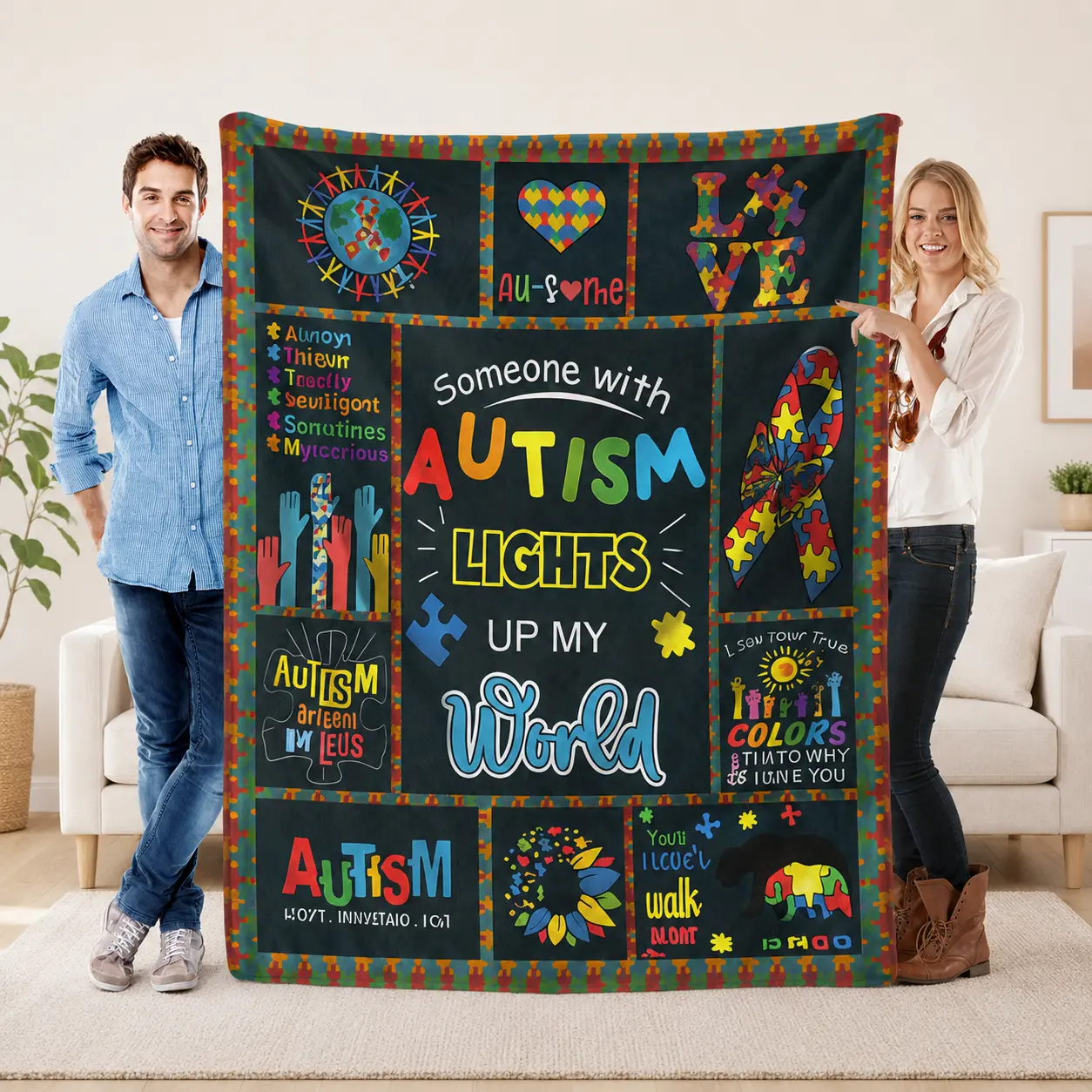 Autism Awareness Flannel Blanket – “Someone With Autism Lights Up My World” Soft Cozy Throw Blanket, Puzzle Ribbon Autism Support Gift, Lightweight Air Conditioning Blanket for Couch Bed Sofa Decor