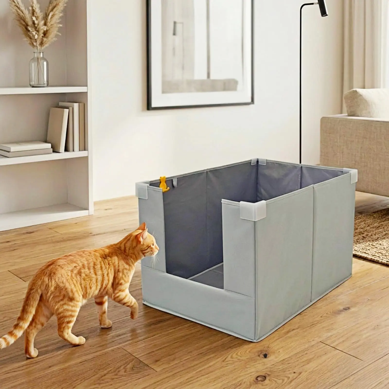 Extra-large enclosed cat litter cabinet that prevents dogs from entering, featuring an open design with raised edges and a waterproof splash guard panel compatible with various cat litter boxes.