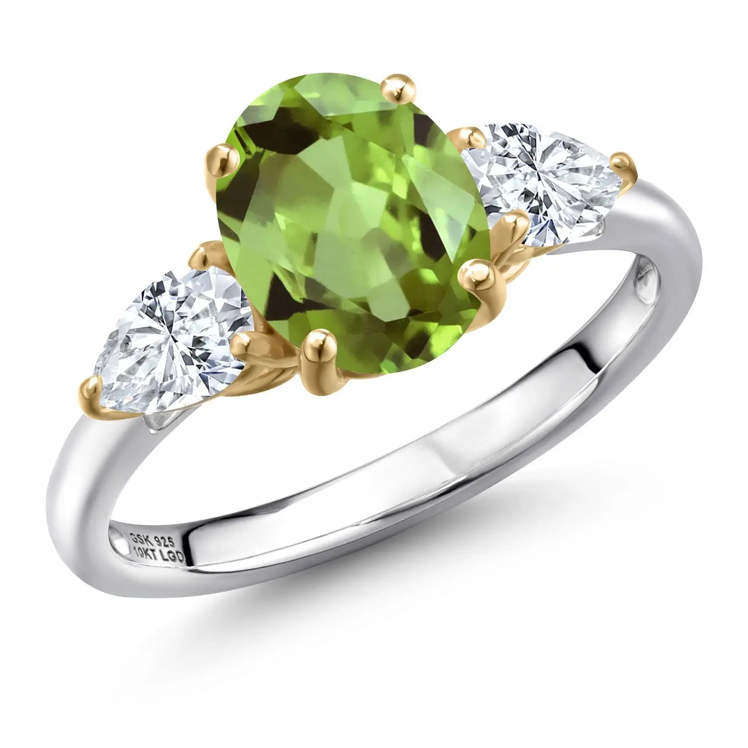 2.80 Cttw Green Peridot and Lab Grown Diamond Engagement Ring For Women | 925 Silver and 10K Yellow Gold | Oval 9X7MM | Three Stone Wedding Engagement Anniversary Ring