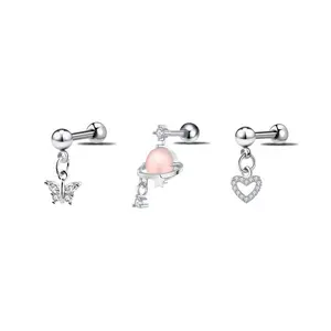 HERVAY 18G/6MM Hypoallergenic Stainless Steel Ear Ring Pink & White Crystal Butterfly Heart Studs Labret Helix Medusa Conch Lobe Tragus Piercing Jewelry Unisex Body Jewelry - Earring