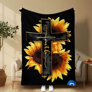 Sunflower & Cross Pattern Blanket, Soft Comfortable Throw Blanket, Cool Bedroom Bedding Blankets, Warm Napping Blanket for Home Office Travel, Cozy Blanket Throw
