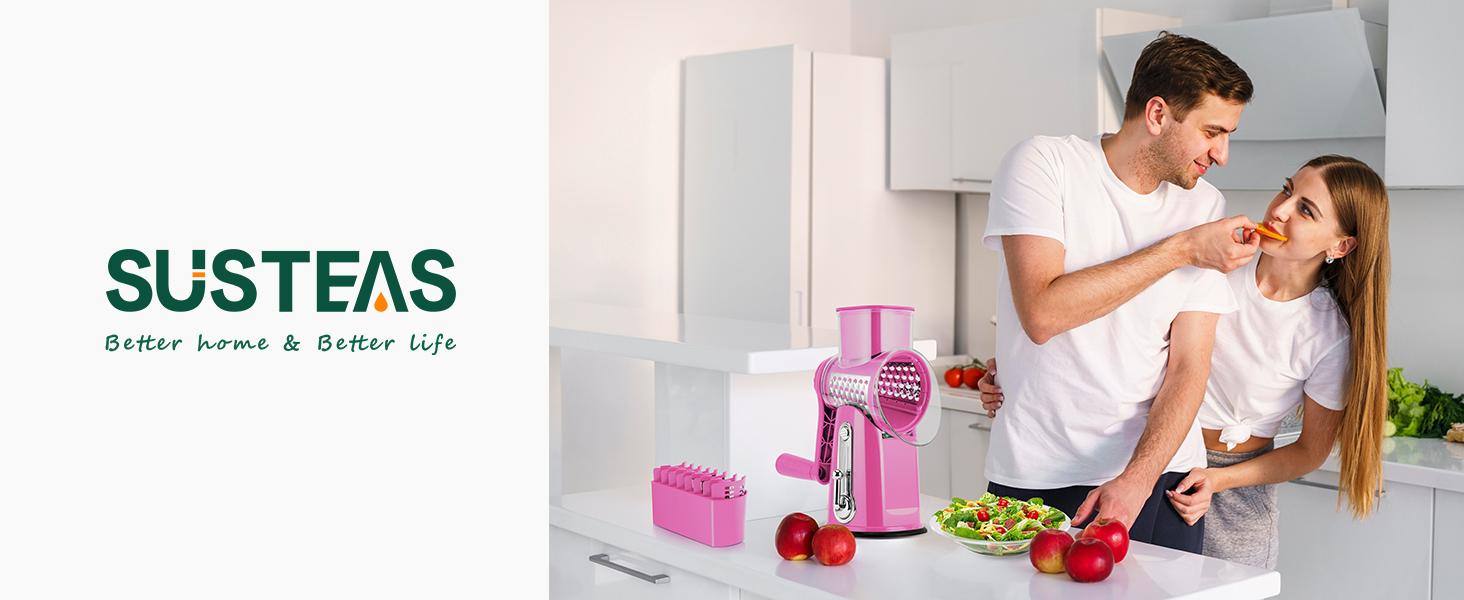 SUSTEAS Rotating Food Grater Chopper with Handle, with 5 Well-Designed Blades and Strong Suction Cup Base, Comes with 1 Blade Storage Box Vegetable Cutting Slicer Vegetable Slicer Dicer Kitchen Utensils Vegetable Fruit Cutter