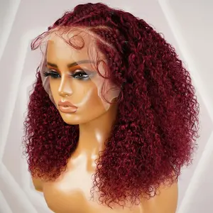 Supernova Burgundy 99J Color Human Hair Curly Short Bob Braided Wigs Lace Frontal Knotless 16"