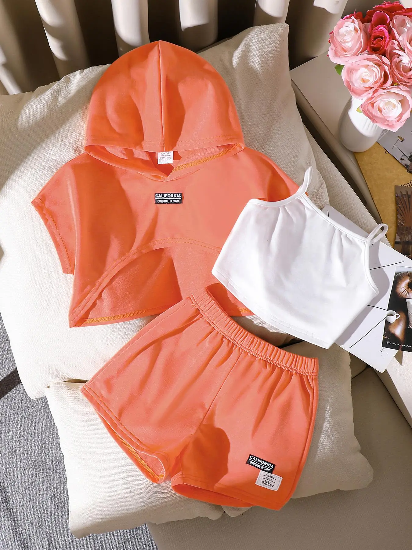 Girl's Letter Patched Crop Hoodie & Shorts & Cami Top Set, Top and Shorts, Casual Fashion Activewear Breathable Sporty Style Outfits for Daily Outdoor Wear, Kids Clothing for Summer, Kids Girls Clothing, Sporty Set, Sports Clothing Set, Sports Clothes