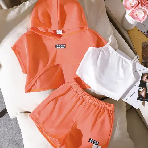 Girl's Casual Letter Patched Crop Hoodie & Shorts & Cami Top Set, Breathable Fabric, Athletic Outfits for Daily Outdoor Wear, Kids Sporty Clothing Set for Summer, Kids Girls Clothing