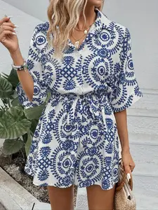 Women's All Over Print Half Sleeve Loose Fit Shirt Romper Overalls, Casual   Romper for Summer, Fashion Women's Clothes for Daily Wear