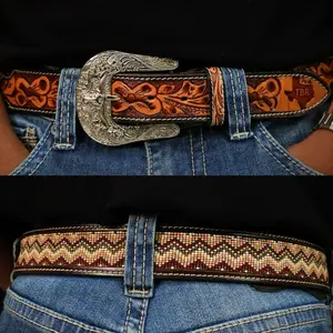 Hand-Tooled Artesanal Beaded Leather Belt