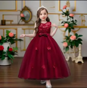 Children's Formal Dress Sleeveless Floral Tulle Princess Dress for Medium to Large Kids Long Evening Gown for Girls Wedding Puffy Dress