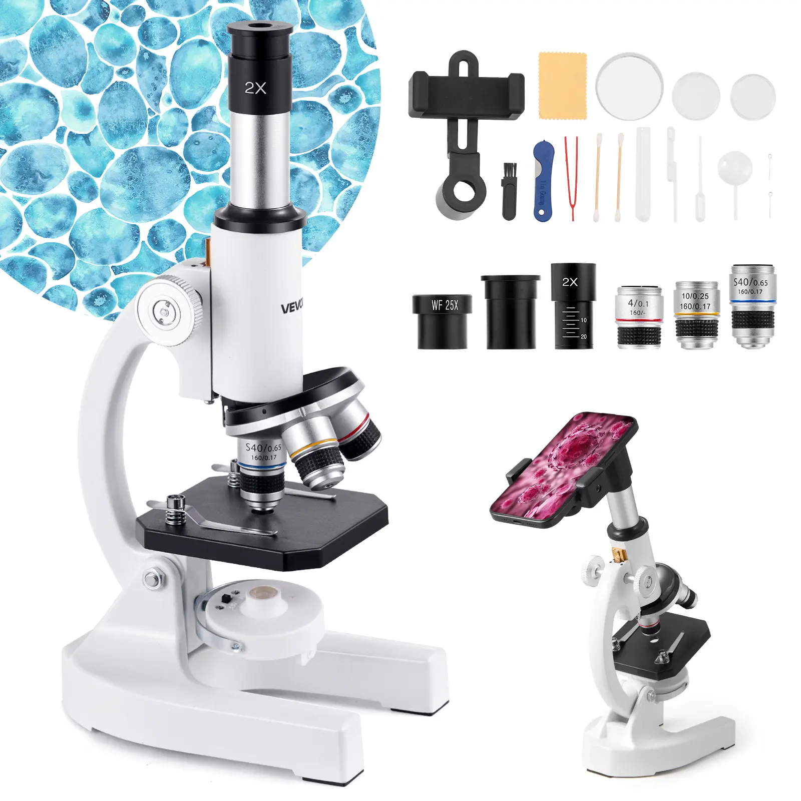 【summerfinds】VEVOR Professional Compound Microscope with Adapter Kit, 40X-2000X Magnification, LED Light & Mobile Phone Adapter, Father's Day Gift for Kids, for School & Home Education, Adapter Kit Microscopes