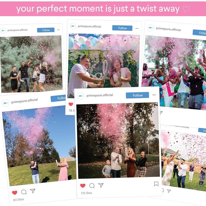 Gender Reveal Confetti Cannon - Biodegradable Powder & Heart Shaped Confetti Poppers - Pink, 4 Pack - Baby Girl Gender Reveal Smoke Bombs Party Poppers Cannons Shooters