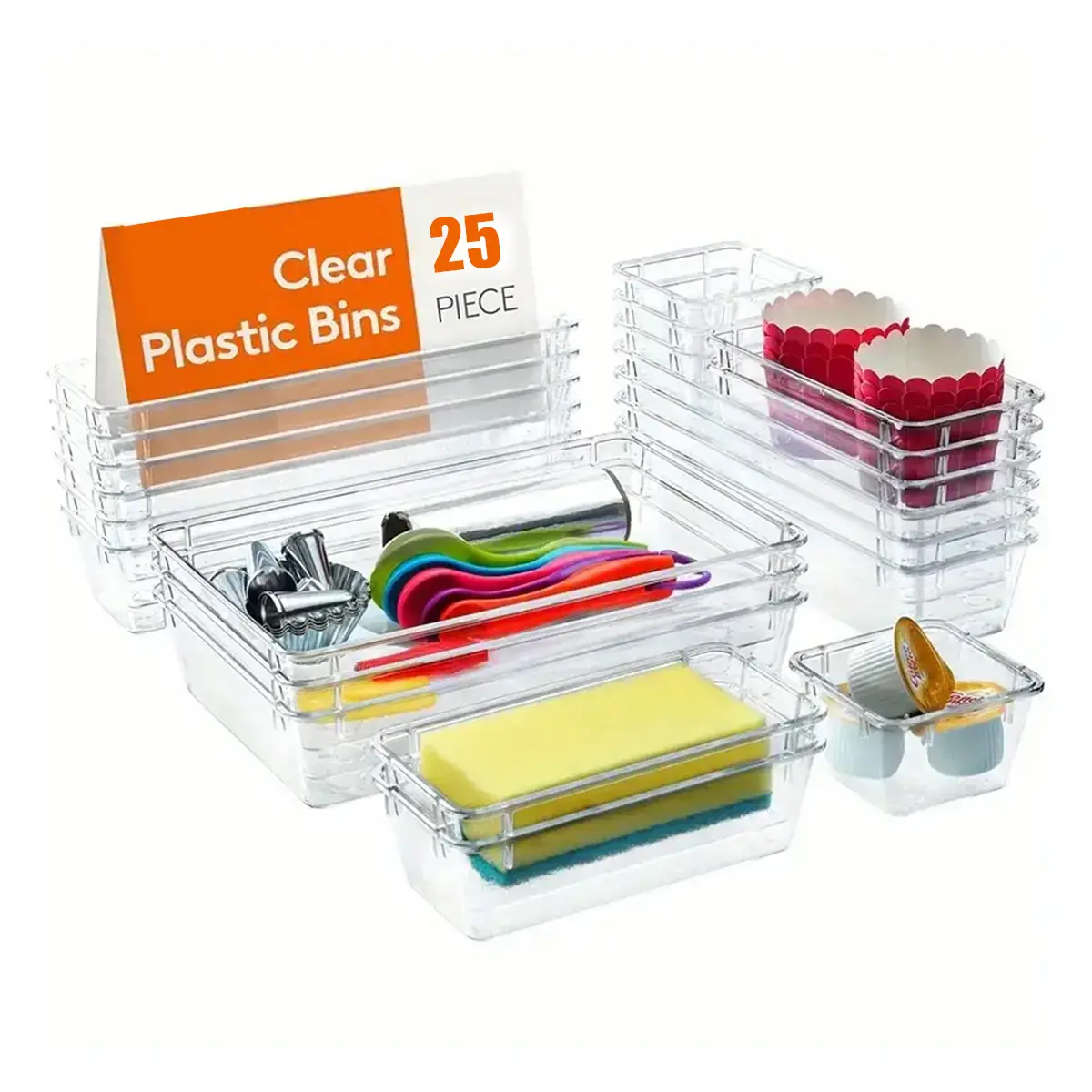 25/44pcs Kitchen Drawer Organizer Contemporary Style, Stackable Clear Fridge Organizer,Open-Top Storage Box independent compartment For Utensils & Cutlery, Perfect For Home And Office Drawer Organizer Kitchen Utensil Drawer Organizer,pantry organization