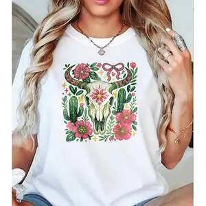 Womens Western Boho Bull Skull Cactus Floral Graphic Cotton Tshirt Cowgirl Casual Soft Lightweight Trendy Top For Southwestern Style Lovers
