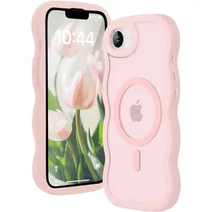 Magnetic for iPhone 16e for iPhone 17e Case, Compatible with Magsafe Wavy Frame Cute Design Translucent Matte Hard Back Silicone Phone Case for iPhone 16 e for iPhone 17 e Women Girls, Pink
