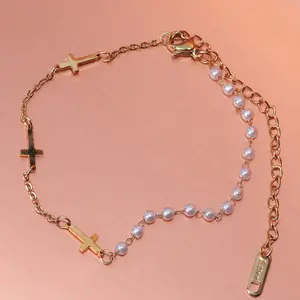 Cross & Faux Pearl Chain Bracelet