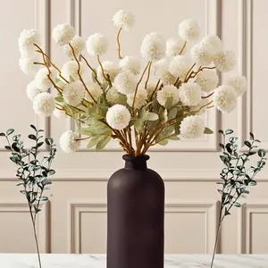 AnYa Home Premium Quality White Silk Mum Faux Kiku Flowers for Vase - 6/12 Long-Stem Artificial Flowers with Eucalyptus, Realistic Decorative Halloween Floral Stems for Tall Farmhouse Home Decor