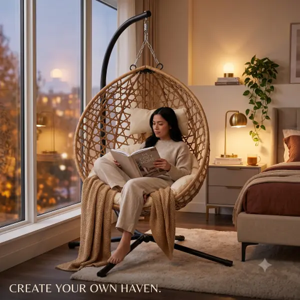 Foldable Hanging Egg Chair with Stand, HDPE Rattan Wicker Swing Chair with Cushion, Heavy Duty Frame 350 Lbs Capacity, Outdoor Patio Indoor Bedroom Balcony