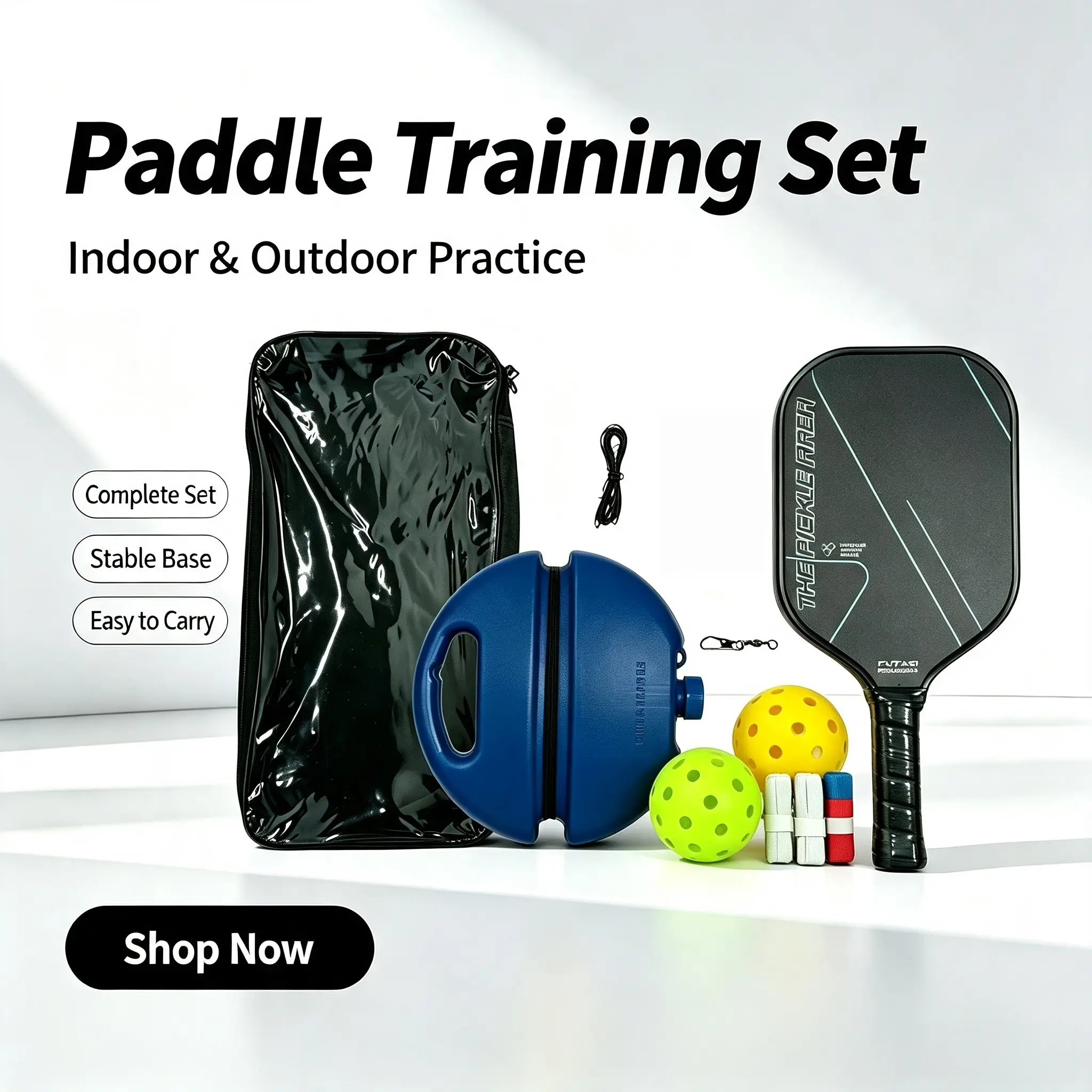 Pickleball Solo Trainer Set, Indoor & Outdoor Rebound Practice Kit with 2 Pickle Balls, Portable Complete Training Equipment for Home Apartment Use