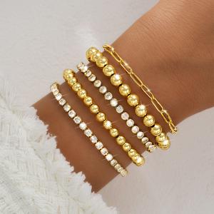 17KM 5PCS 16K Gold Plated Women's Bracelet Set with Sparkling Zircons Trendy Stackable Beaded & Chain Bracelets Non-Tarnish Jewelry for Gifts,summerwins