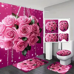 1/4pcs Elegant Pink Rose Floral Pattern Shower Curtain Set, Holiday Design, Includes Non-Slip Mat, U-Shaped Rug, and Toilet Seat Cover. Perfect for Bathroom Decor, Beautifies the Space. Comes with 12 Shower Curtain Hooks. Bathroom Decoration Accessories