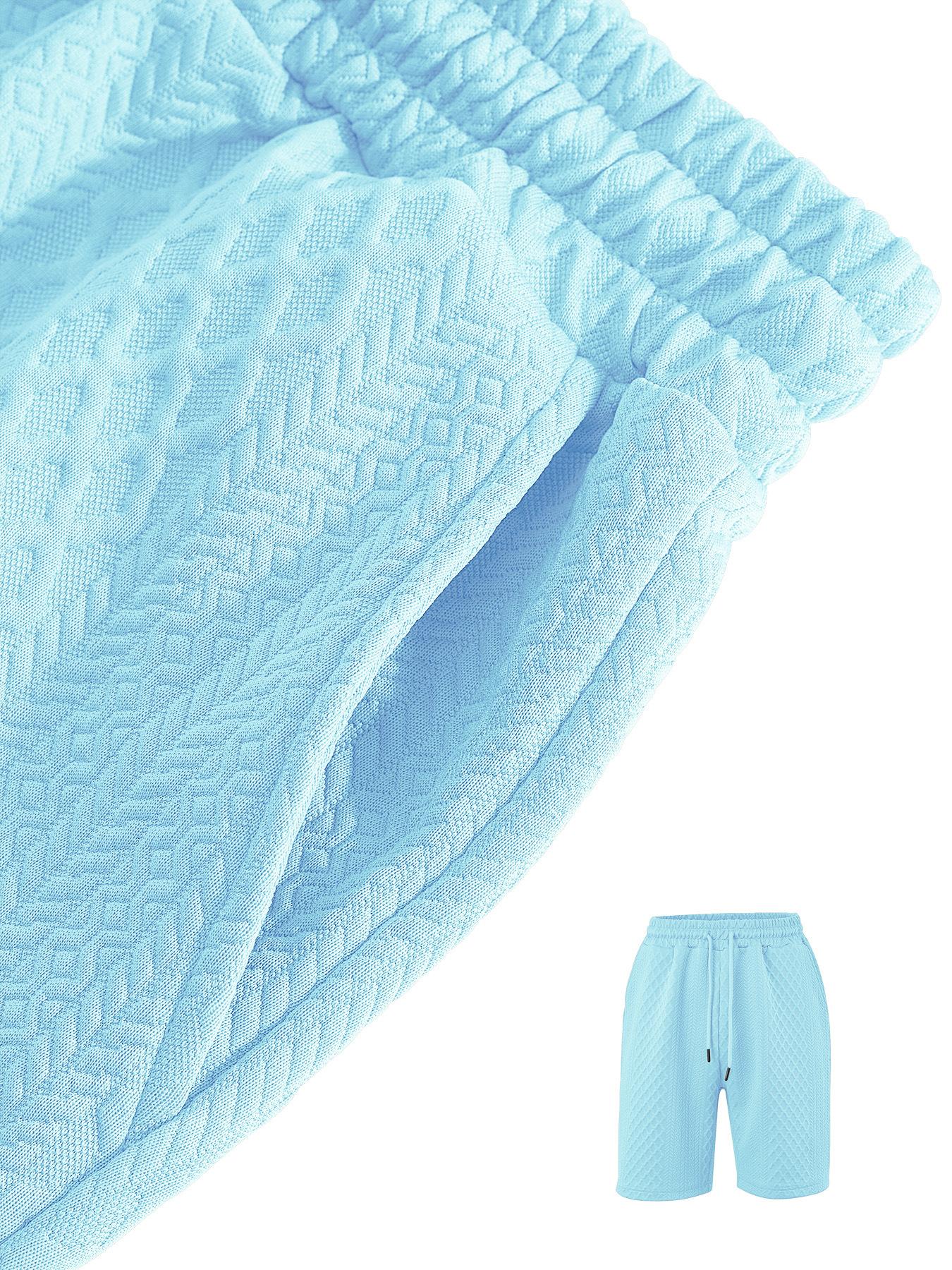 Men’s knit two-piece set: short-sleeve polo shirt and drawstring shorts. Casual summer menswear, available in multiple colors; solid colors are versatile, with a relaxed, comfortable style.