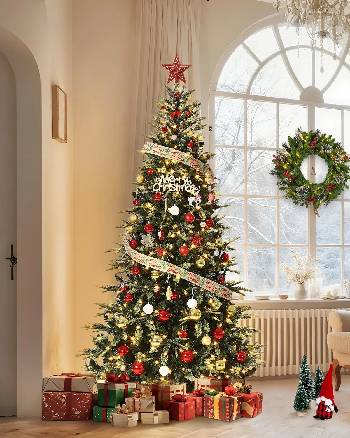 GARVEE 6.5 ft Pre-Lit Pencil Christmas Tree with 300 Warm White Lights, Auto-Hinged Expansion, Foldable Metal Stand, Durable PE & PVC Construction for Porch, Party, Office, and Home Decor