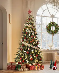 GARVEE 6.5 ft Pre-Lit Pencil Christmas Tree with 300 Warm White Lights, Auto-Hinged Expansion, Foldable Metal Stand, Durable PE & PVC Construction for Porch, Party, Office, and Home Decor