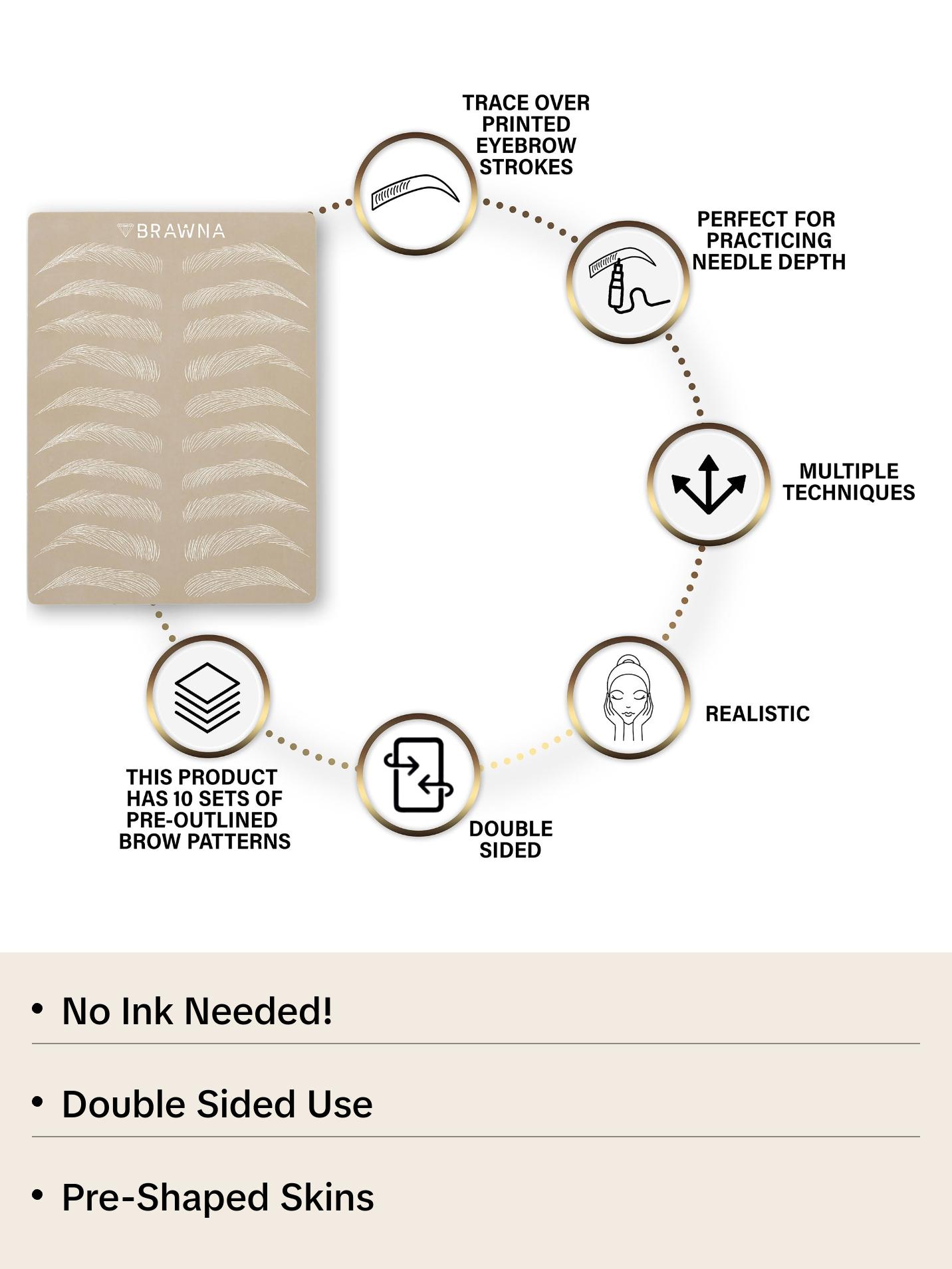 BRAWNA - 6 Pcs Inkless Double Sided PMU Microblading Eyebrow Practice Skin - Assorted Disposable PMU