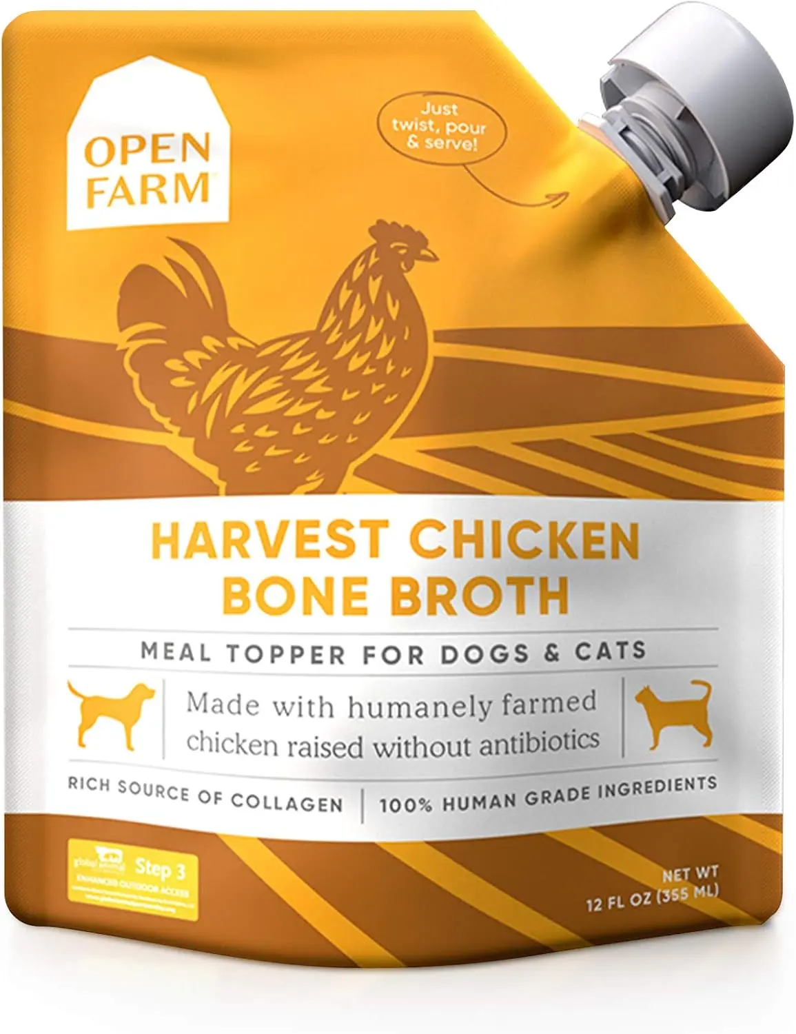 Open Farm Chicken Bone Broth Universal Meal Topper for Dogs & Cats - Responsibly Sourced Meat, Superfood Mix, Skin Health Support, No Artificial Flavors/Preservatives, 12oz