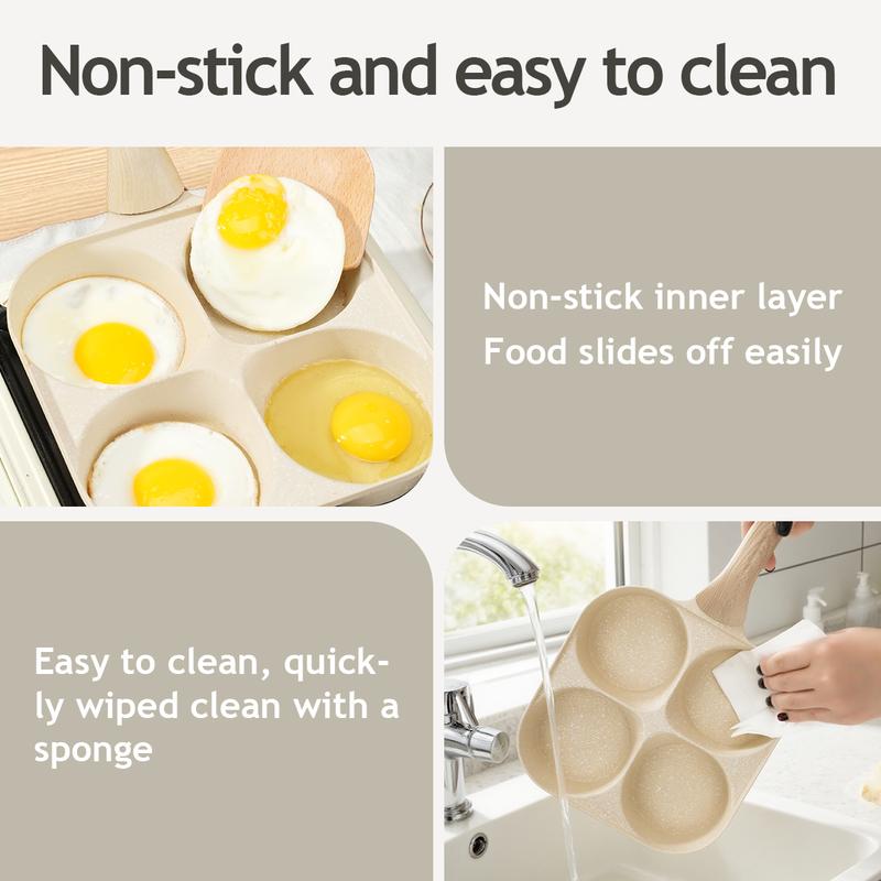 Non-stick Egg Frying Pan 4 Holes Skillet – Multifunctional 4-Cup Breakfast Maker, Medical Stone Marble Coating, Wooden Handle Pancake Omelet Burger Pan for Gas Induction Electric Ceramic Stoves