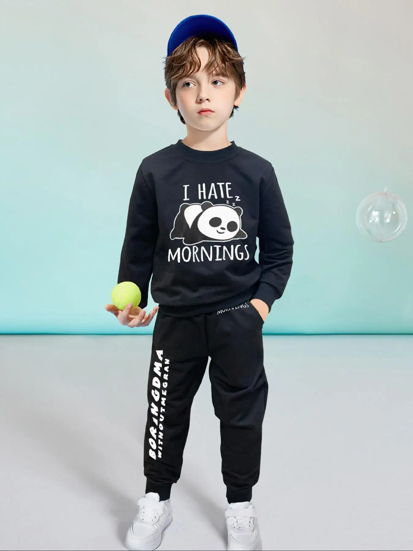 Two-Piece Set Boy's Cartoon Panda Print Sweatshirt & Elastic Waist Sweatpants Set, Casual Long Sleeve Round Neck Pullover & Pocket Jogger Pants, Kids