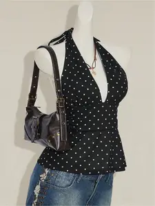 Trendy halter neck deep V-neck pleated backless polka dot camisole, Halter Cami Top, Casual sleeveless backless