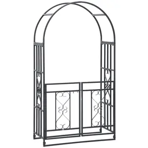 81" Metal Garden Arbor With Double Doors, Locking Gate, Climbing Vine Frame With Heart Motifs – Arch For Wedding, Bridal Party Decoration, Grey