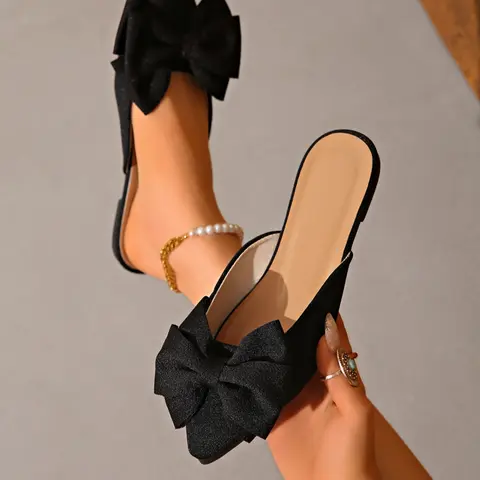Women's Casual Bow Accent Flat Mule Slippers, Pointed Toe Design Satin Wedding Shoes, Fashion Versatile Wear Bridal Flats, Outdoor Lazy Summer Sandals, Bow Mules, Footwear