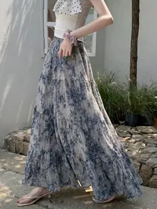 French Romantic Blue Ditsy Floral Chiffon Skirt, Womenswear Lightweight Summer New Elastic High Waist Boho Bohemian Long Dress, Elegant Loose Fit for Daily Wear and Parties, Casual Skirt