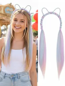 Gradient Blue Cat Ear Braid Headband Wig, Heat Resistant Silk Hair, Cute Vibe Style, Easy to Wear, Ideal for Events &