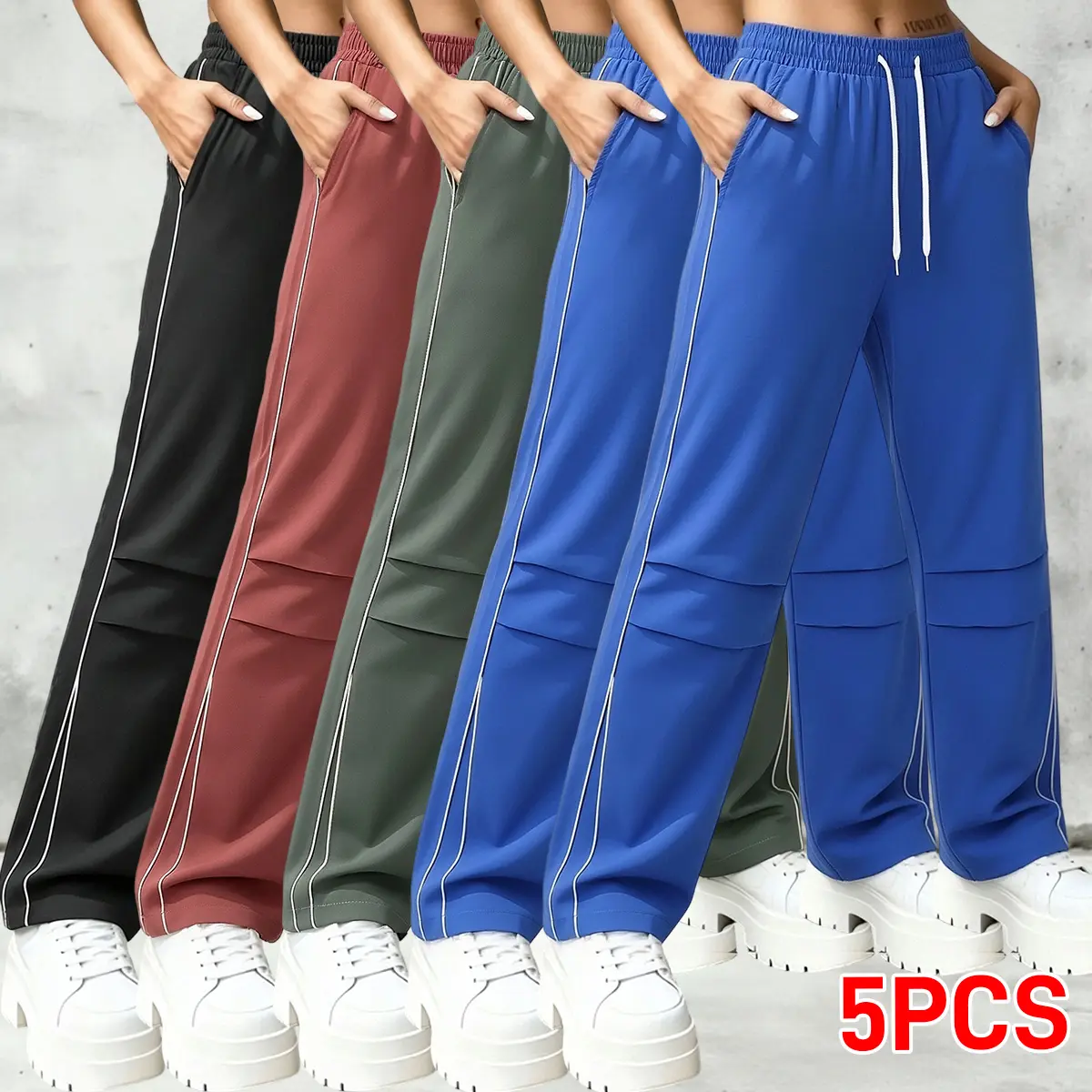 Women's 5-Pack Windproof Lightweight Polyester Outdoor Pants, Sports Wear with Smooth Fabric, Elastic Waistband, Single Stripe, Loose Straight Cut, Suitable for Spring & Autumn Outdoor Hiking, Loose Cut, Elastic Waist Joggers, Jogger Trousers