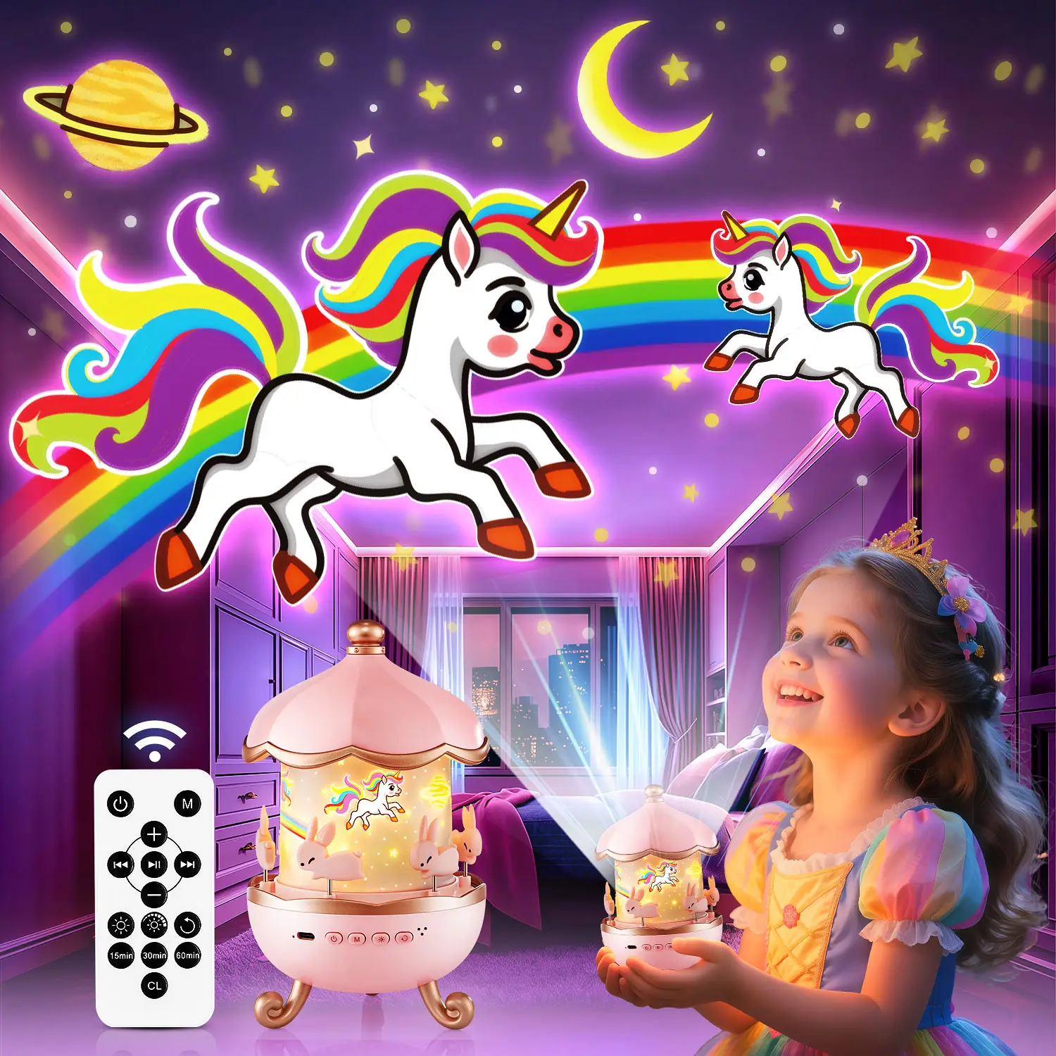 Onefire Kids Gift Kids Night Light，with 15 Films+15 White Noises，Remote Control，Baby Night Light Projector，Perfect Gifts for kids，Baby Christmas Gifts