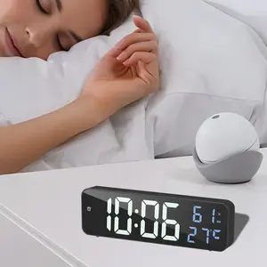 Digital Alarm Clock with Temp Date Display 3 Level Dimmable Digital Clock 2 Power Supply Electronic Alarm Clock Wall/Desktop Alarm Clocks with Snooze Memory Voice Activated Mode for Home Bedroom
