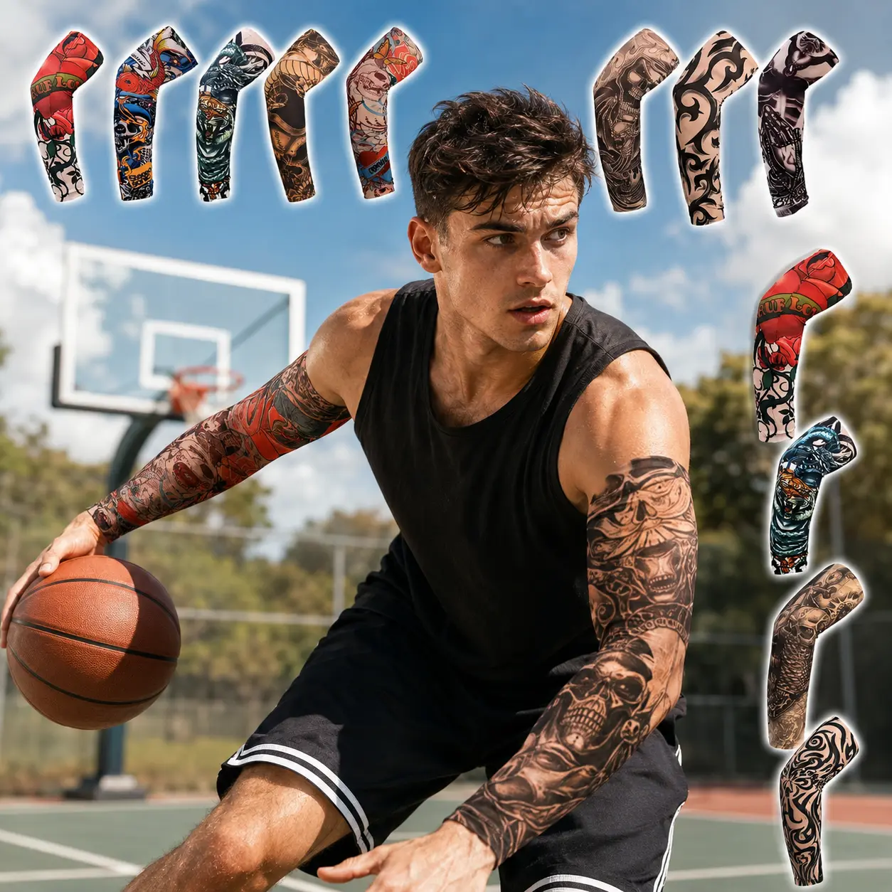 Breathable Knit Sports Arm Sleeves, 10Pcs Fake Temporary Tattoo Arm Sleeves for Men & Women, Cooling Slip‑On Tattoo Sleeve Covers with Mixed Patterns for Cosplay Party