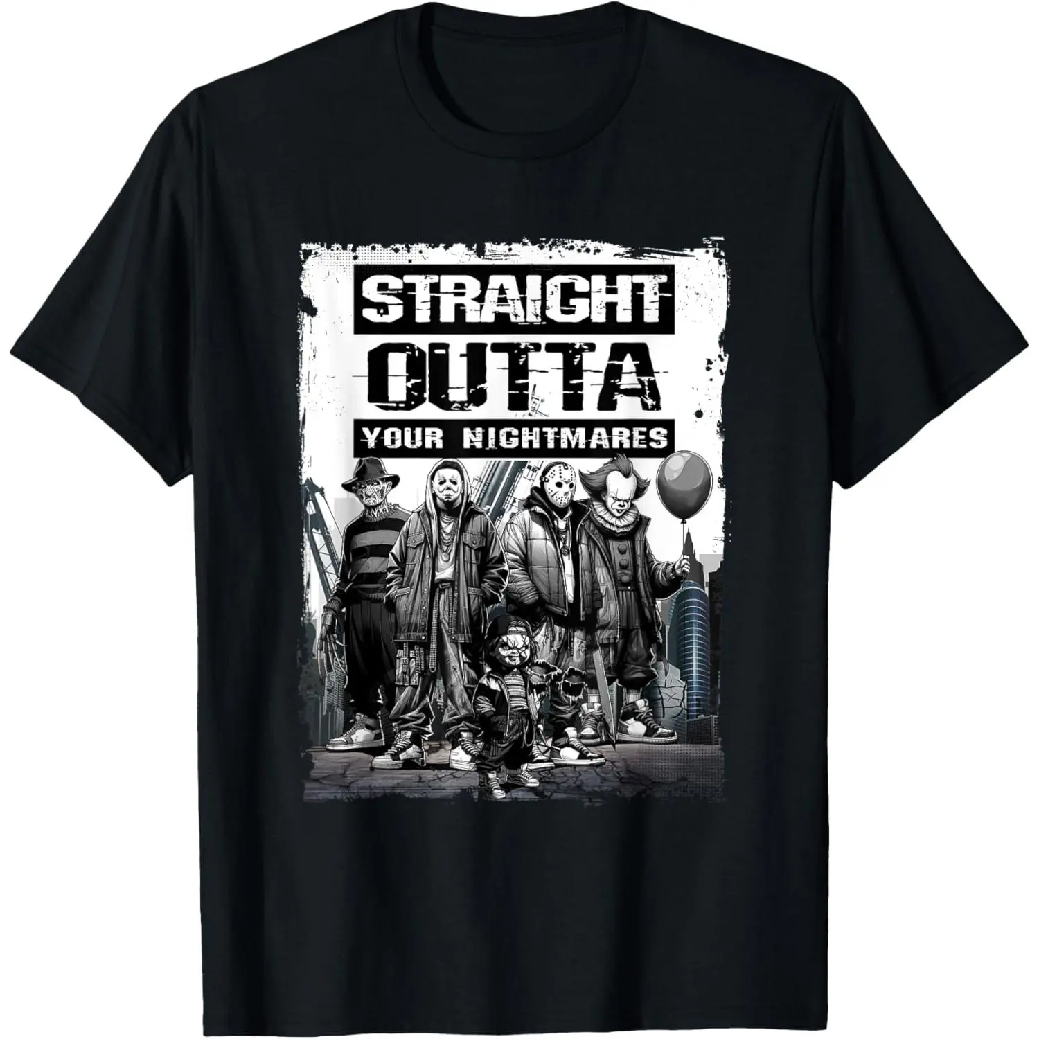Men's 100% Cotton Breathable Cloth Short-Sleeve Graphic T-Shirt - Menswear Casual Distressed Print Streetwear, Spooky Straight Outta Nightmares LTP Design Alternative Fashion Top, Shortsleeve, Nightmare Theme, Pure Cotton, All Seasons