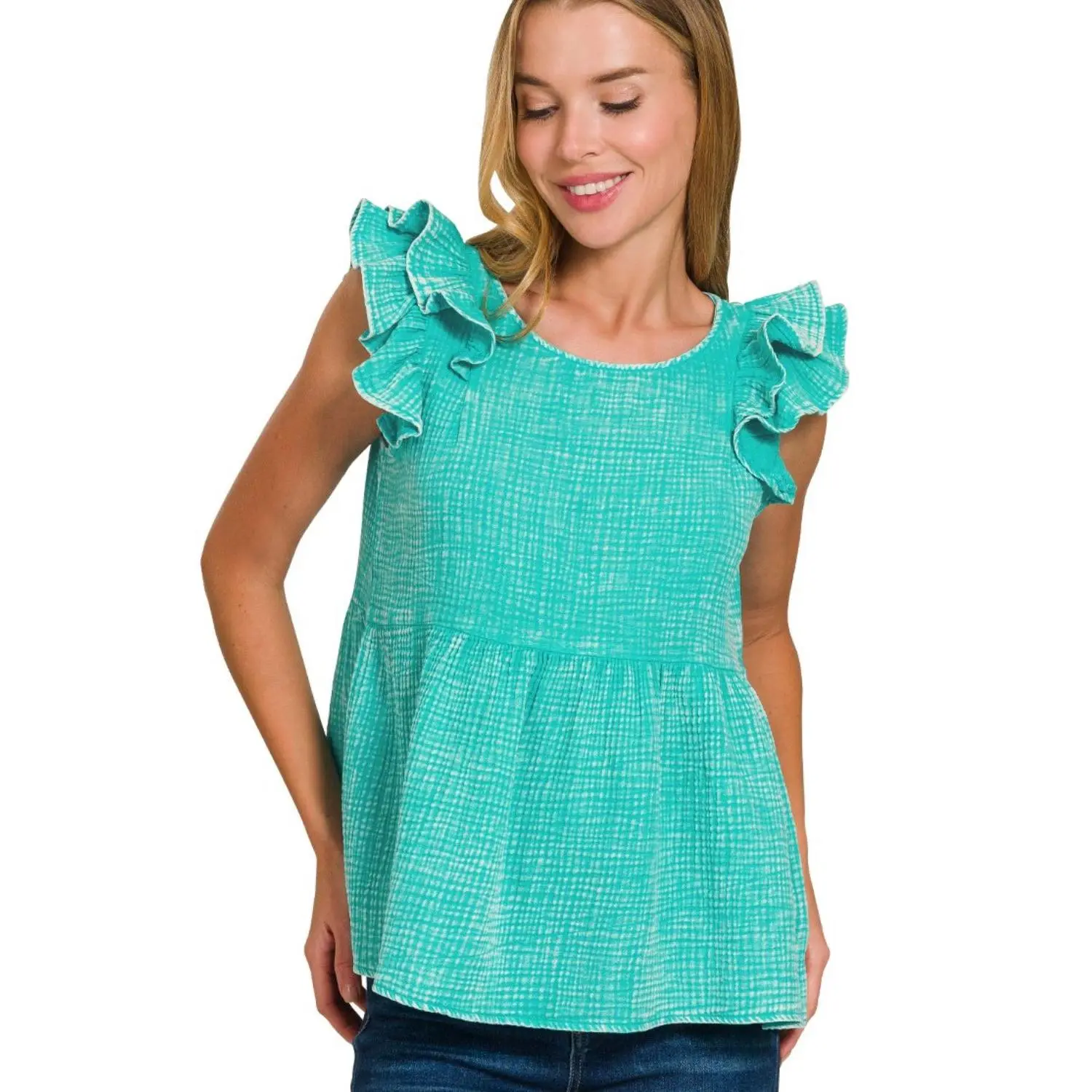 Zenana Double Gauze Acid Washed Tiered Ruffle Peplum Top