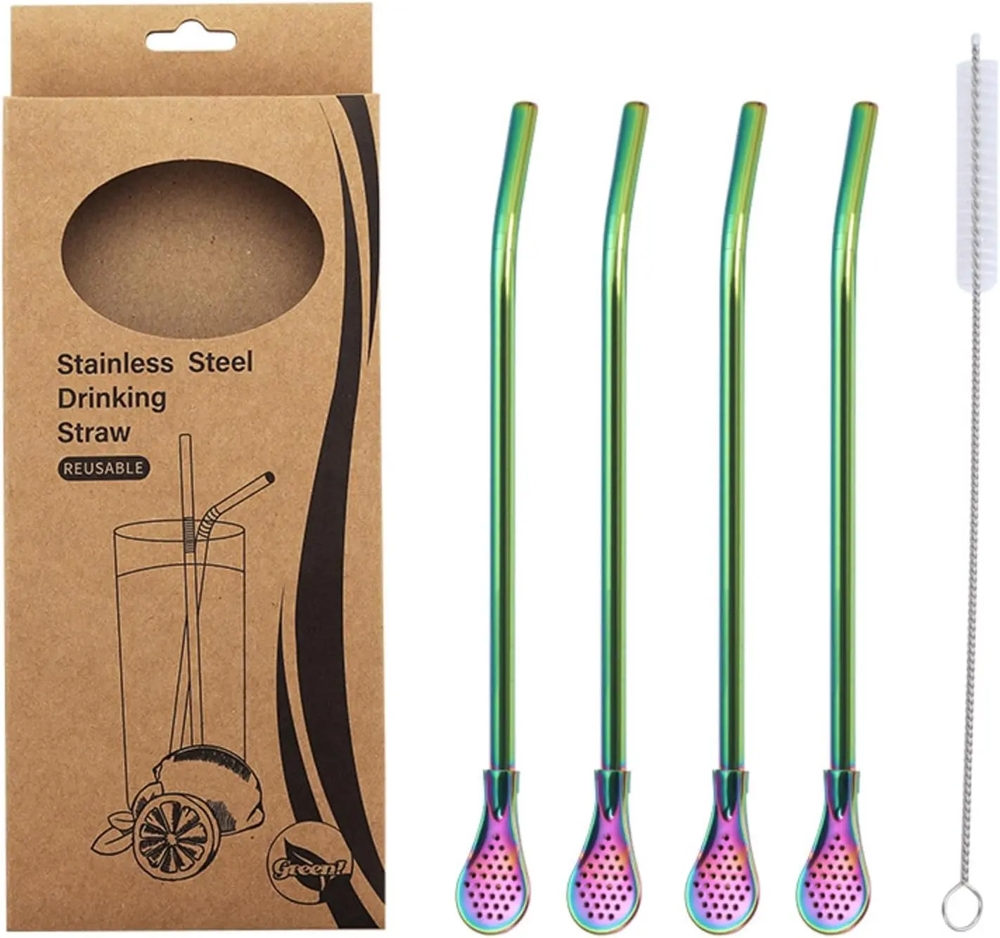 Colorful Stainless Steel Reusable Metal Drinking Straws (4-Piece Set) with Detachable Filter Head, Cleaning Brush - Dishwasher Safe, Colorfast Travel Kitchenware Drinkware Accessory for Coffee, Hot/Cold Drinks