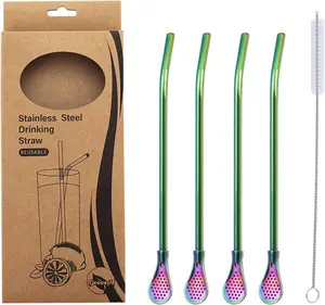 Stainless Steel 4pcs Reusable Metal Drinking Straws with Filter Head & Cleaning Brush for Cocktail, Milkshake, Cold/Hot Drinks Drinkware Colorful