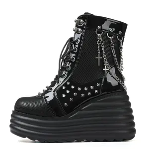 Platform Ankle Boots for Women Round Toe Chunky High Heel Booties Goth Punk Jennifers Body Heels Gifts Rave Wedge Combat Boots for Christmas Party Wedding Outdoor Events Motorcycle Riding Cosplay Dress Shoes Winter Boot