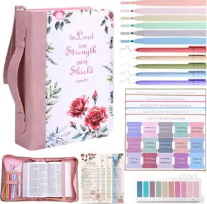 Leather Bible Cover Kit Large Cover Case Carrying Bag with Tabs Bookmarks Christian Art Gifts Women Teen Girls