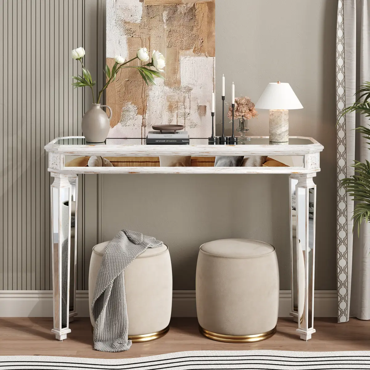 48'' W Console Table + Natural Carved Wood + Silve