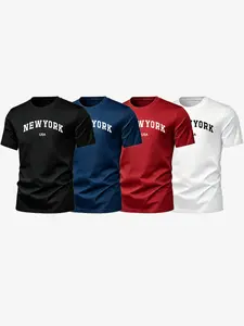 Vintage New York 4-Pack Casual Tee, Loose-Fitting Long Sleeve Printed Top, All-Season Campus Streetwear, Multi-Color Set