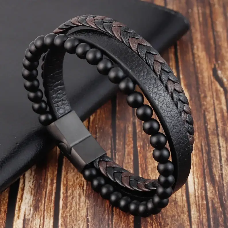 Men's Leather Braided Bracelet Natural Black Onyx Stone Bracelet Bangle Multilayer Braided Wristband Boho Style Magnetic Closure for Daily Use Christm