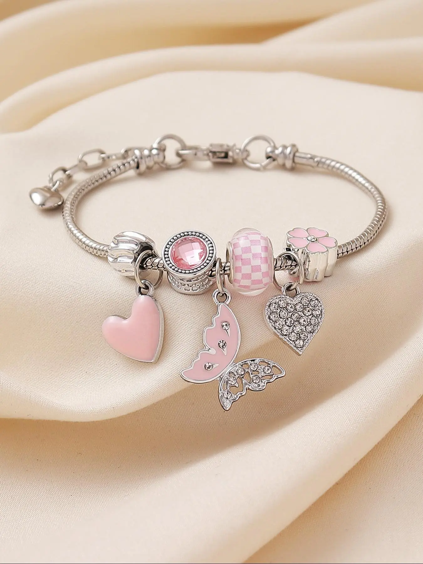 Cute Butterfly & Heart Design Charms Bracelet, Rhinestone Decor Link Bracelet, Heart Shaped Bracelet for Women & Girls, Fashionable Bracelet, Fashion Jewelry for Party, Daily, Trendy Jewelry for Birthday Gift, Valentine's Day, Bracelet