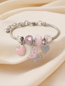 Cute Butterfly & Heart Design Charm Bracelet, Rhinestone Decor Link Bracelet, Heart Shaped Bracelet for Women & Girls, Fashion Jewelry for Party, Daily, Trendy Jewelry for Birthday Gift, Valentine's Day, Gift